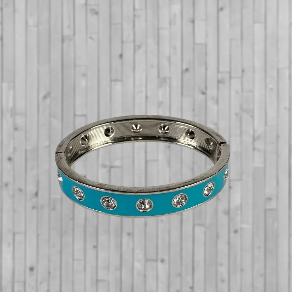 Vintage Enamel Rhinestone Studded Bracelet Turquoise Blue Hinged Bangle Clamper